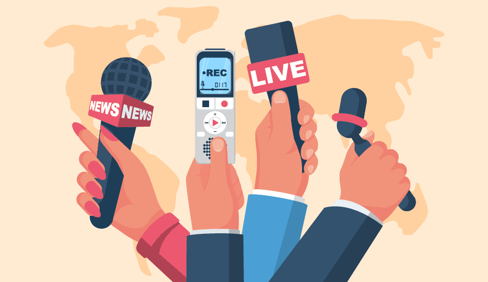 hands holding news and live microphones with recorder illustration for national press day india