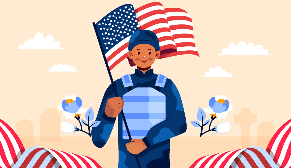 Illustration of a smiling U.S. service member holding an American flag with patriotic ribbons and flowers, symbolizing respectful Veterans Day gratitude.