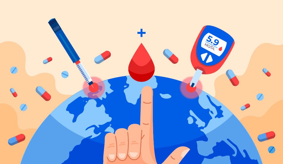 illustration of world diabetes day with globe insulin pen glucose meter blood drop and pills