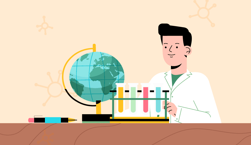 illustration of a scientist with test tubes and a globe celebrating world science day in a lab setting