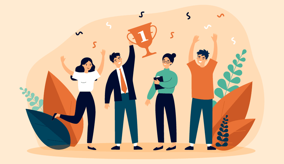 Four employees celebrating together with a number-one trophy, representing teamwork, recognition, and appreciation in the workplace.