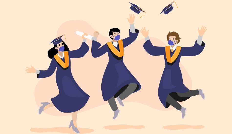 Illustration of three graduates in caps and gowns tossing hats—guide to graduation wishes for group cards and greeting cards.