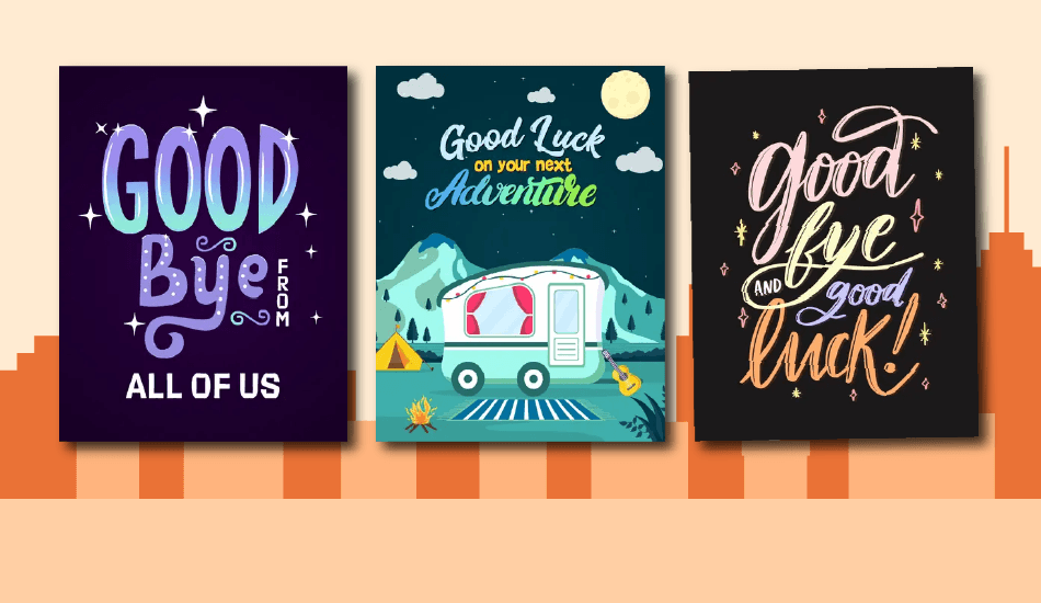 Collection of online farewell cards for workplace goodbyes, featuring goodbye messages and good luck wishes for coworkers and team members
