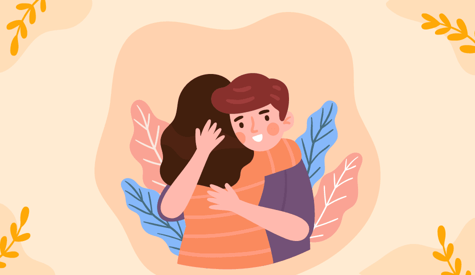 Cartoon illustration of a happy couple sharing a warm and comforting embrace with stylized leaves in the background, used as a feature image for a Hug Day blog post.