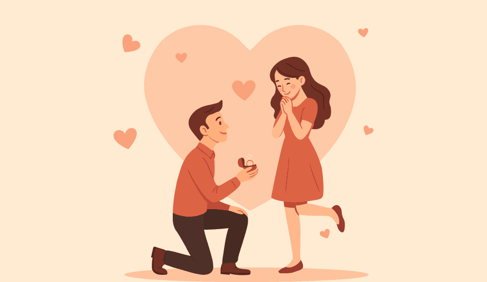 Cartoon illustration of a man kneeling on one knee to propose with a ring to a happy woman against a large heart background, used as a feature image for a Propose Day blog post.