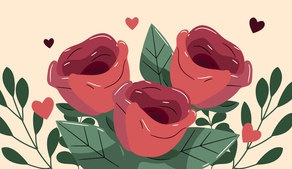 Illustration of three beautiful red roses with green leaves and small floating hearts, set against a beige background, used as a feature image for a Rose Day blog post.