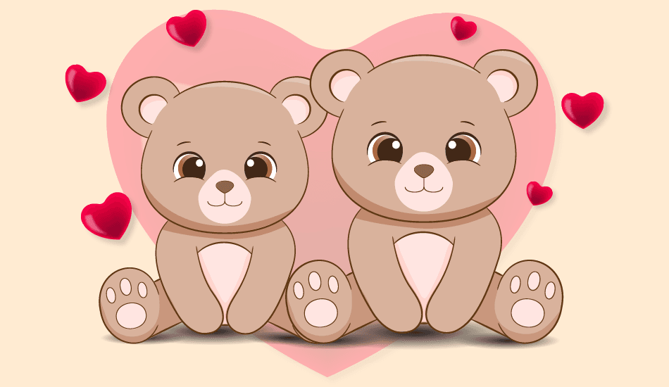 Cartoon illustration of two cute brown teddy bears sitting together in front of a large pink heart surrounded by smaller red hearts, used as a feature image for a Teddy Day blog post.