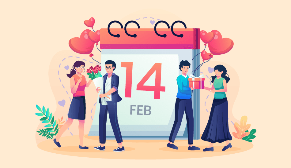 Illustration of a large February 14th calendar surrounded by couples exchanging gifts and red roses, decorated with heart balloons, used as a feature image for the Valentine's Week schedule blog post.