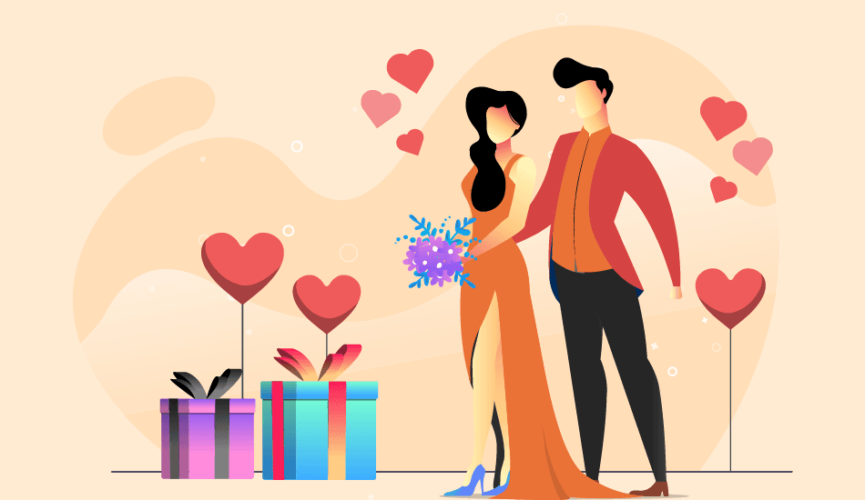 Illustration of a romantic couple celebrating their anniversary with gifts and hearts, representing thoughtful and romantic anniversary message ideas