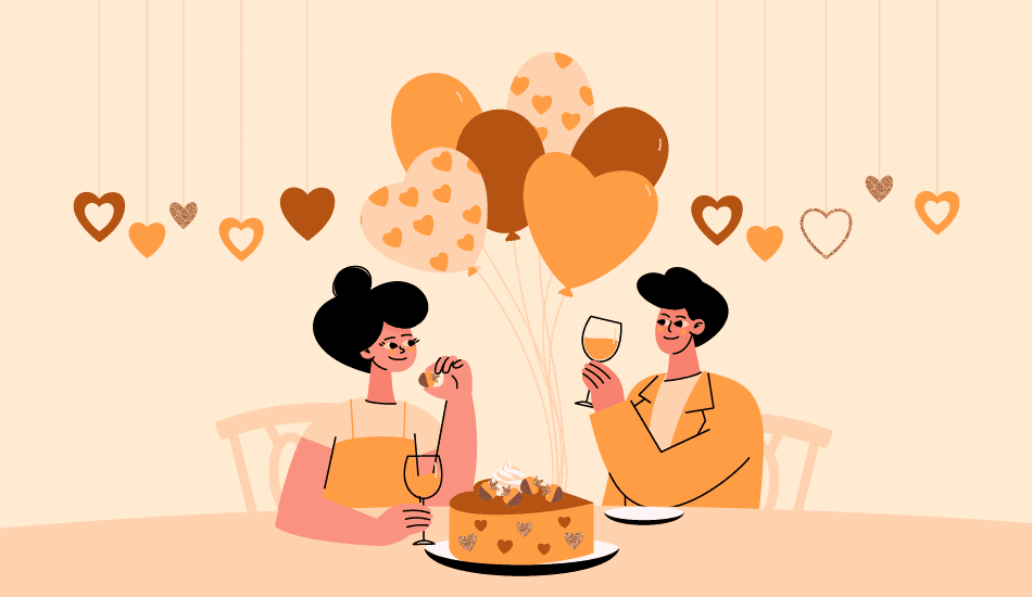 Illustration of a couple celebrating their anniversary at a table with cake, balloons, and heart decorations, toasting with drinks.