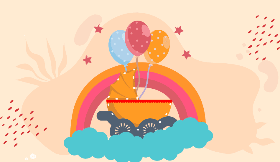Illustration of a baby stroller with balloons and a rainbow—guide to baby shower wishes for group cards and greeting cards.