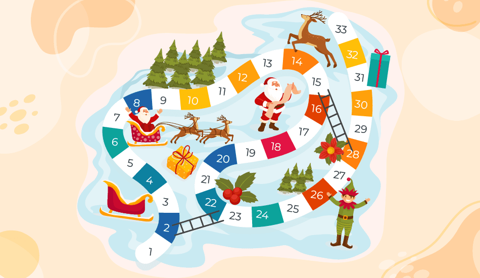 Illustration of festive Christmas board game with Santa, reindeer, gifts, and holiday-themed game path for adults