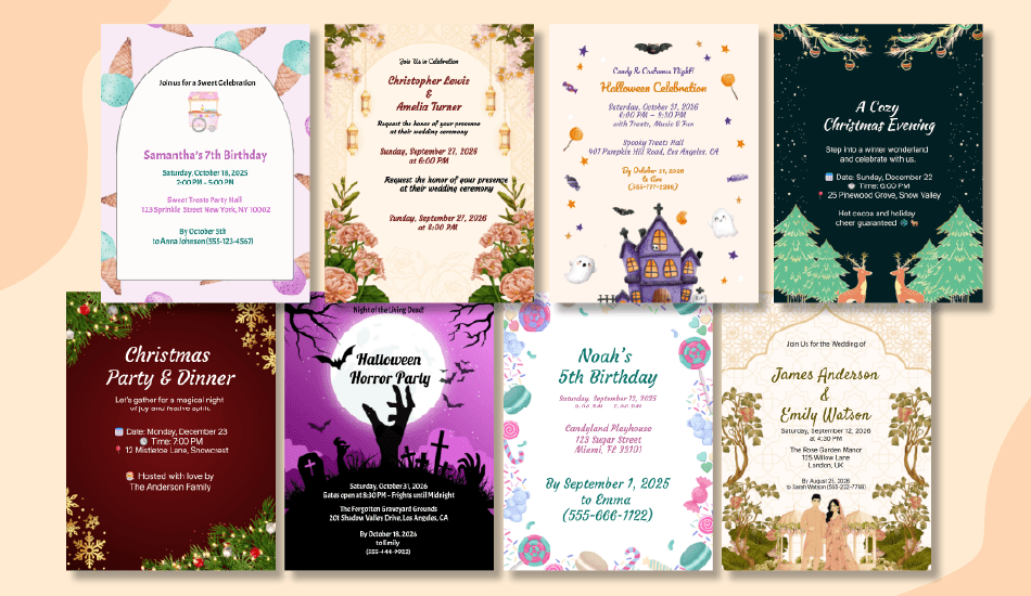 A collection of modern birthday invitation card designs, including kids’ parties, weddings, Christmas and Halloween themes—showcasing versatile templates for digital and printable use.
