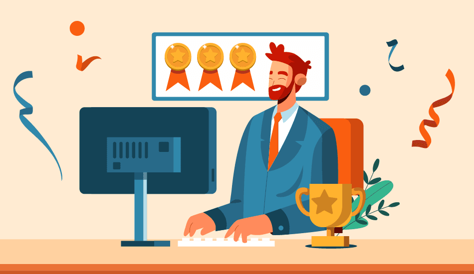 Illustration of a happy manager at a desk receiving awards, symbolizing Boss’s Day appreciation and heartfelt thank-you messages