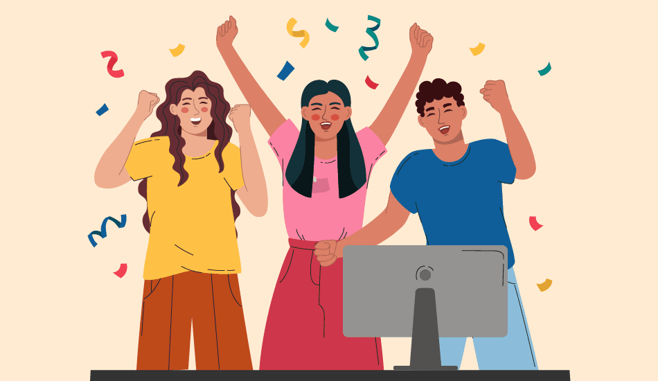 Three friends cheering at a computer with confetti—illustration for a guide to congratulations messages for group ecards and cards.