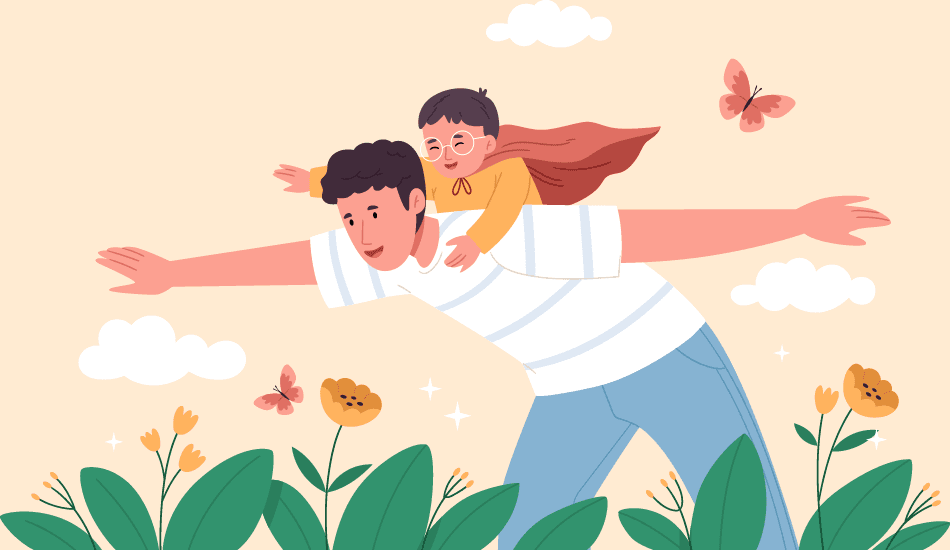 A flat-style illustration of a father with his arms outstretched like wings, carrying a young child on his back who is wearing a superhero cape. They are playing in a garden with flowers and butterflies under a sunny sky.