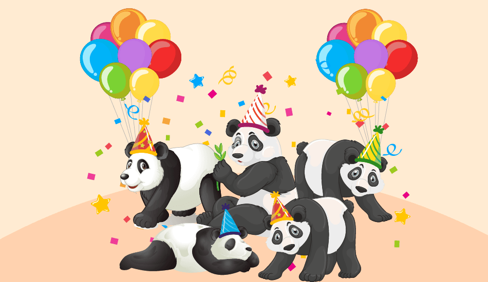 Five cartoon pandas in party hats with balloons and confetti—playful, family-friendly birthday visual for group cards.