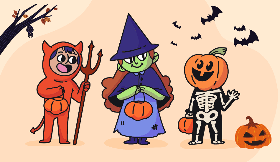 Kids dressed as a devil, witch, and pumpkin with bats—funny Halloween illustration.
