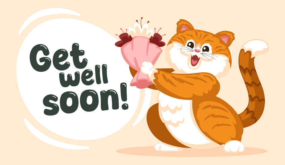 Cute orange tabby holding a bouquet beside “Get well soon!”—a cheerful get-well illustration for a group ecard/wishes guide.