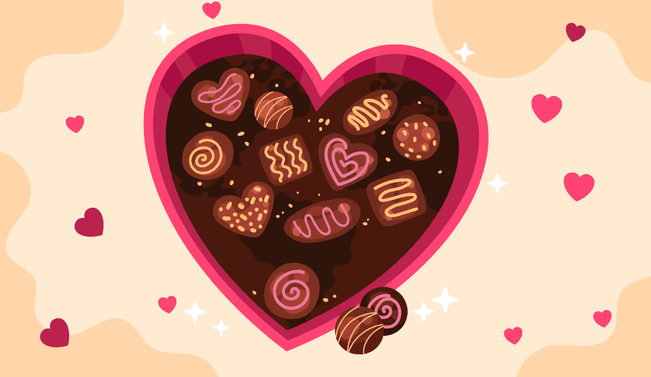 Illustration of a heart-shaped box filled with assorted cartoon chocolates, set against a beige background with hearts, used as a feature image for a Chocolate Day blog post.
