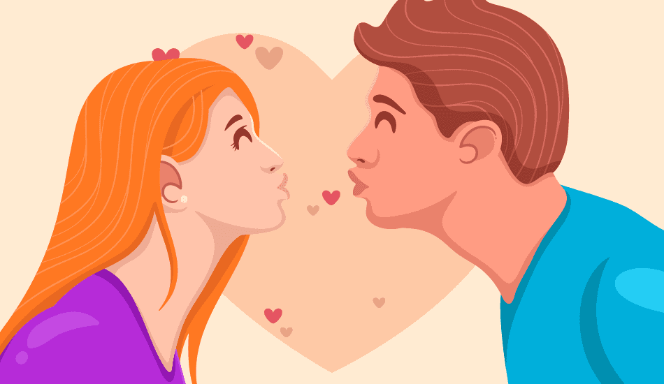 Cartoon illustration of a romantic couple leaning in to kiss against a beige background with a large heart, used as a feature image for a Kiss Day blog post.