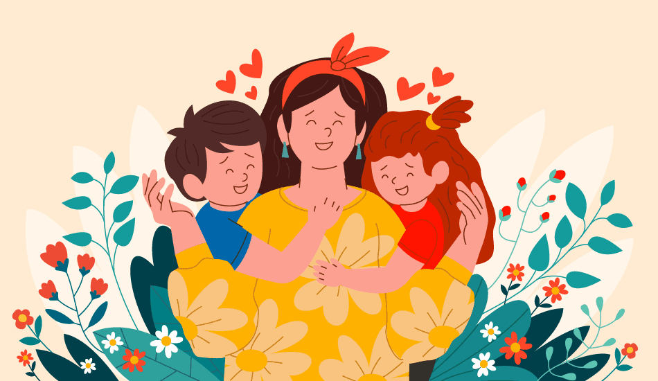 A heartwarming flat-style illustration of a smiling mother wearing a floral yellow dress and a red headband, being hugged by her two young children. Red hearts float above them, and they are surrounded by a lush garden of colorful flowers and green leaves.