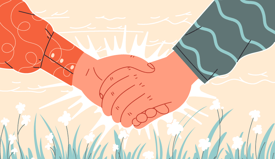 Illustration of two hands firmly clasping each other to symbolize a strong commitment or vow, set against a background with white flowers, used as a feature image for a Promise Day blog post.
