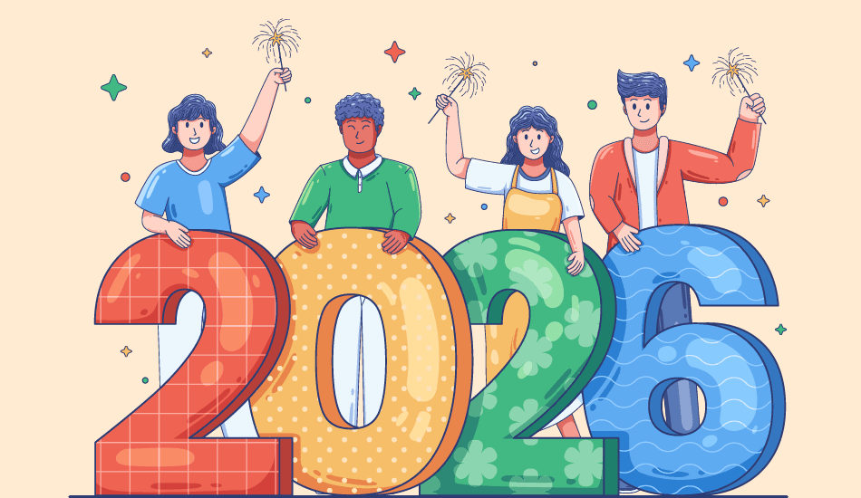 Illustration of a diverse group of friends and coworkers holding large 2026 numbers and sparklers, representing meaningful New Year wishes.