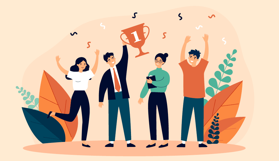 Four coworkers celebrate with a #1 trophy—work achievement illustration for professional congratulations.