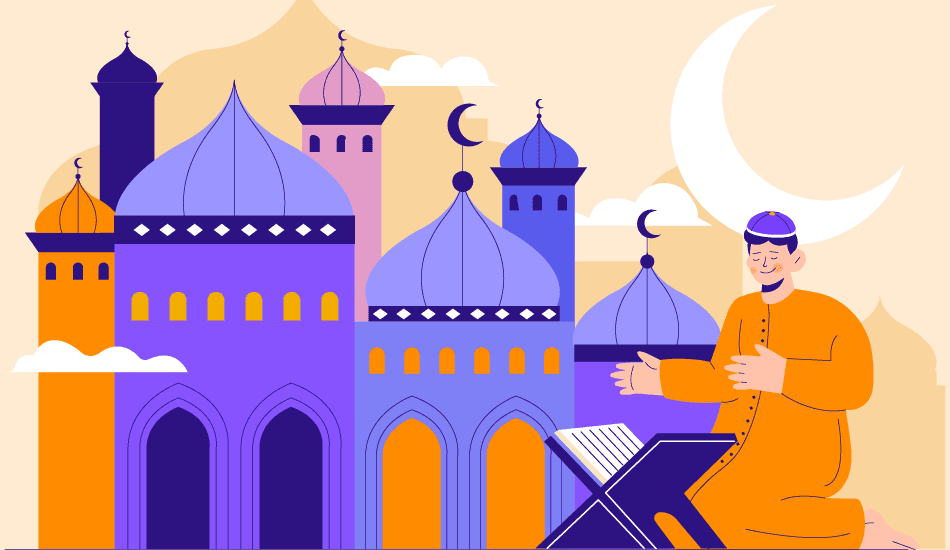 An illustration of a person praying in front of a colorful mosque with a crescent moon in the background, representing a blessed Ramadan.