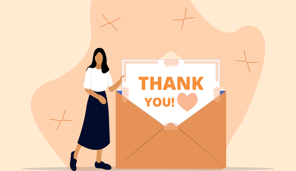 Woman beside a giant envelope showing a card that reads “Thank you!” with a heart on a warm background.