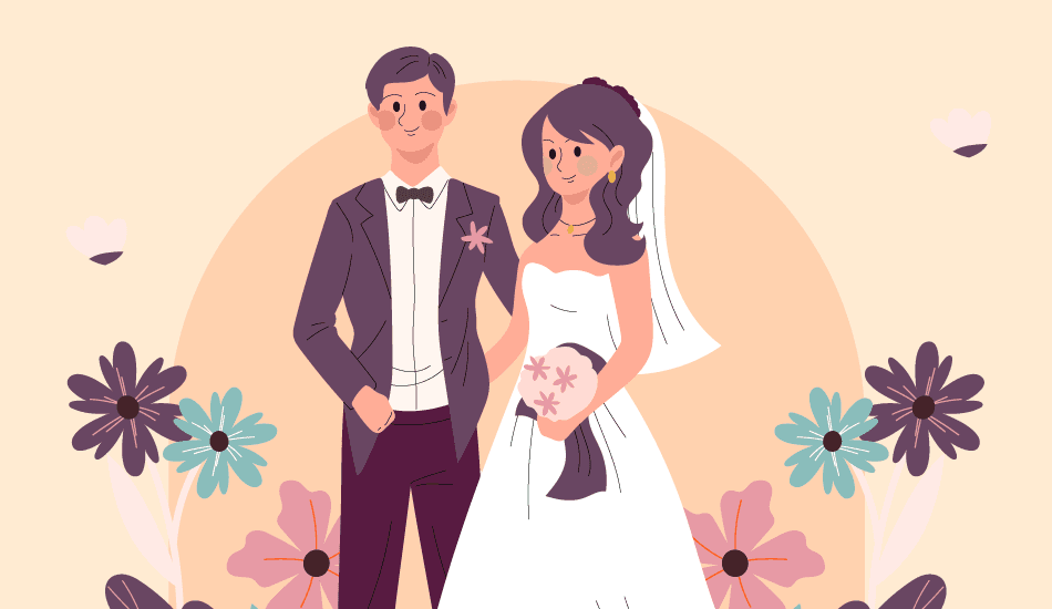 Illustration of a bride in a white dress holding a bouquet and a groom in a suit, standing together with flowers in the background.