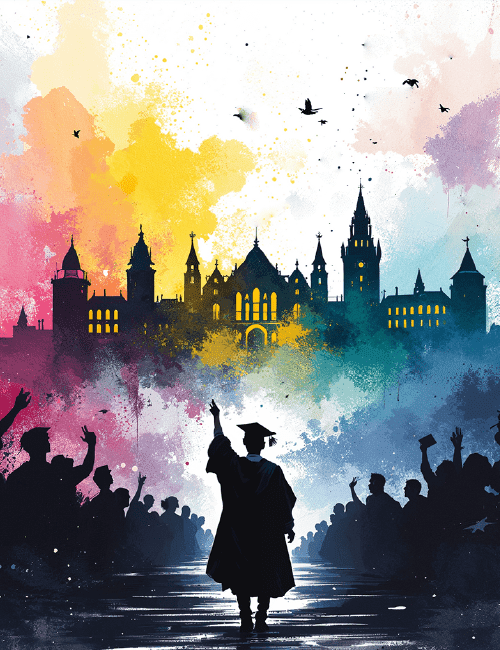 Colorful University Silhouette – Graduation Celebration Card