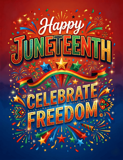 Happy Juneteenth celebrate freedom colorful fireworks card