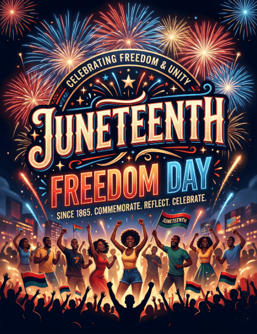 Juneteenth Freedom Day fireworks with celebrating crowd