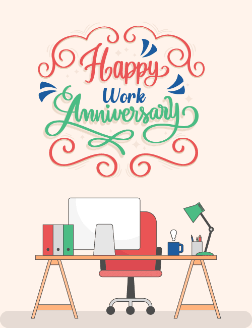 Office Work Anniversary Card – Desk Setup Celebration Illustration card preview