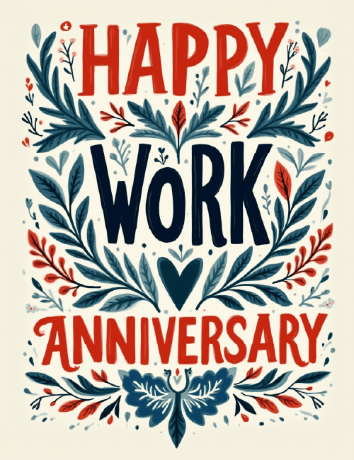 Office Work Anniversary Card – Folk Art Floral Design card preview