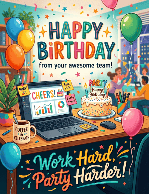 Funny Office Birthday Card Work Hard Party Harder Theme