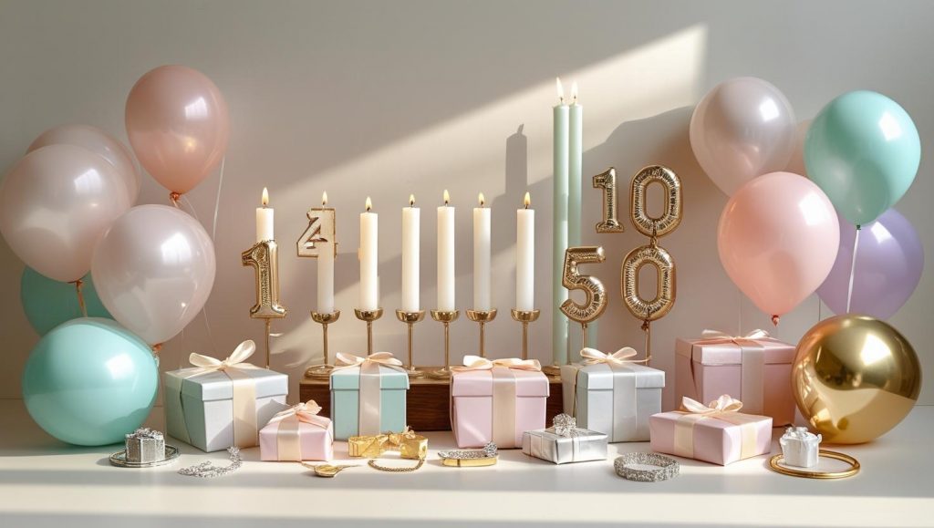 Anniversary decorations with number candles for 1, 5, 10, 25, and 50 years, surrounded by pastel balloons, wrapped gifts, and elegant jewelry.