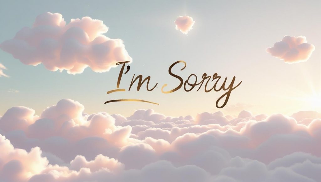 Elegant handwritten ‘I’m Sorry’ text floating above soft pastel clouds with warm sunlight, symbolizing peace, forgiveness, and emotional healing.