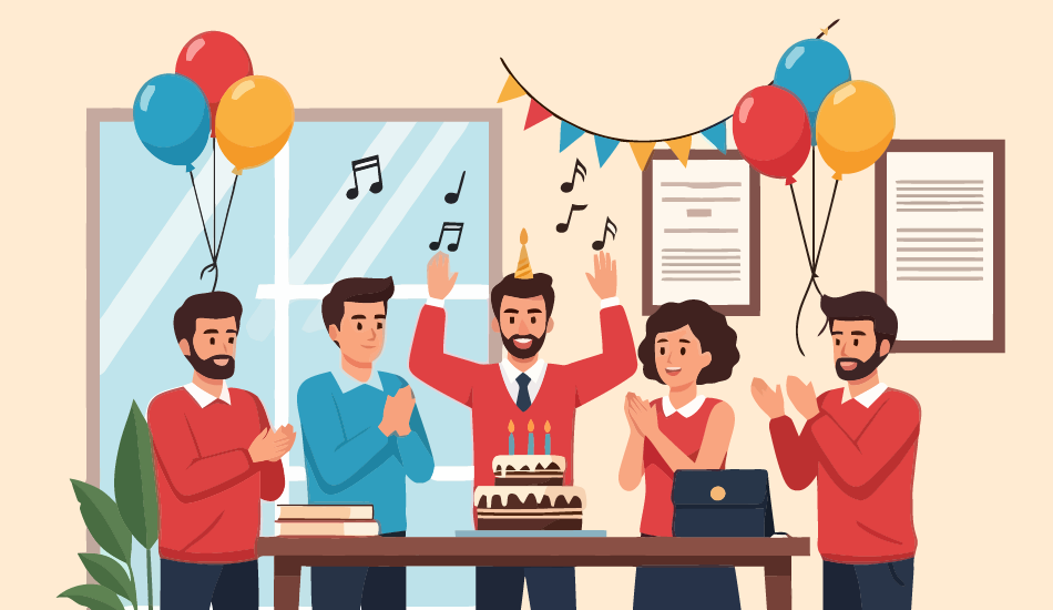 Coworkers celebrating with cake and decorations, perfect for workplace birthday messages or digital greetings.