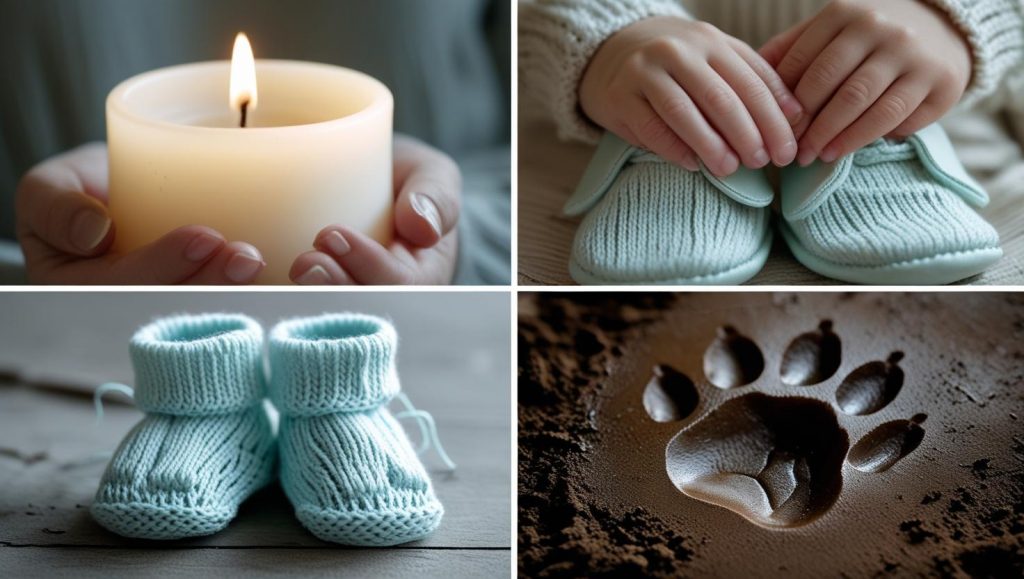 A collage of condolence symbols including a lit candle, clasped hands with baby shoes, knitted baby booties, and a pet pawprint in soft tones.