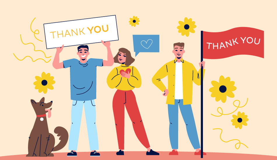 Illustration of a cheerful group of people and a dog holding “Thank You” signs and a flag, representing creative ways to say thank you as a team, surrounded by bright flowers and happy expressions.