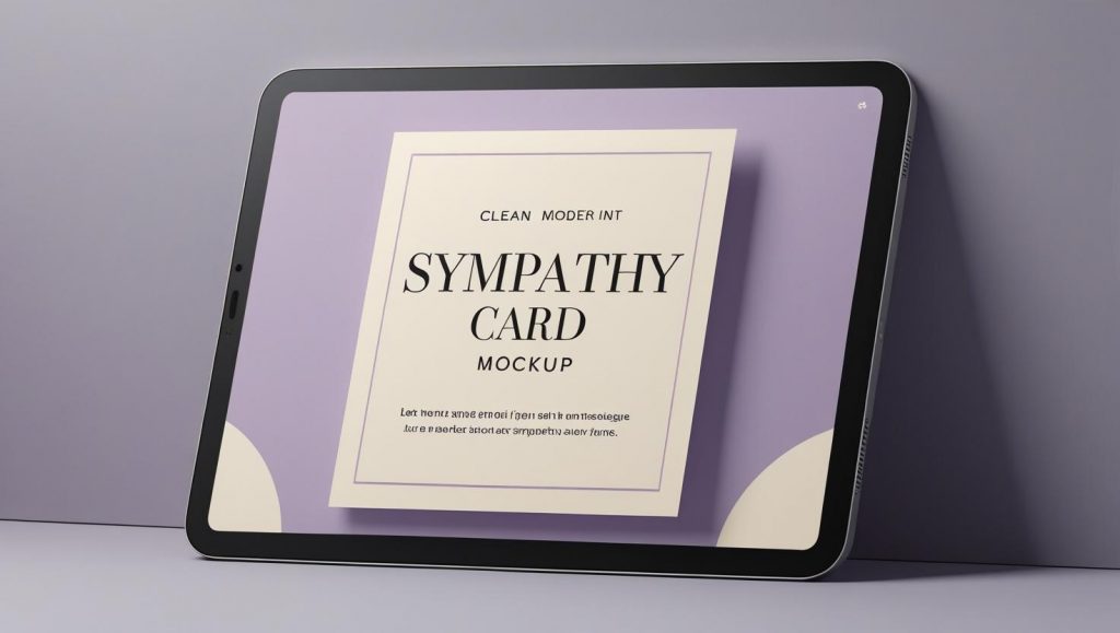 A clean digital sympathy card mockup displayed on a tablet with soft lavender and cream colors, ideal for sending online condolence messages.