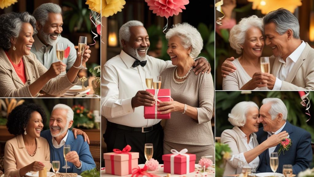 A collage of diverse elderly couples joyfully celebrating anniversaries with champagne, gifts, and warm embraces in a festive setting.