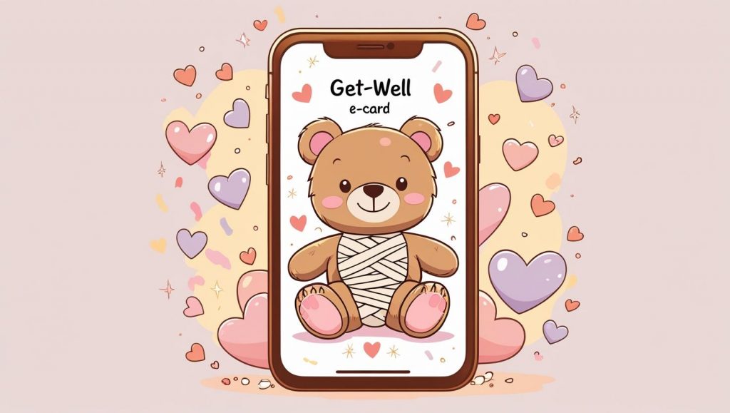 Cartoon phone displaying a get well ecard with a cute teddy bear and hearts.