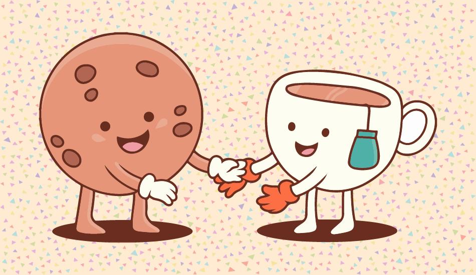 Cute cartoon cookie and tea cup holding hands, smiling together, symbolizing friendship and comfort