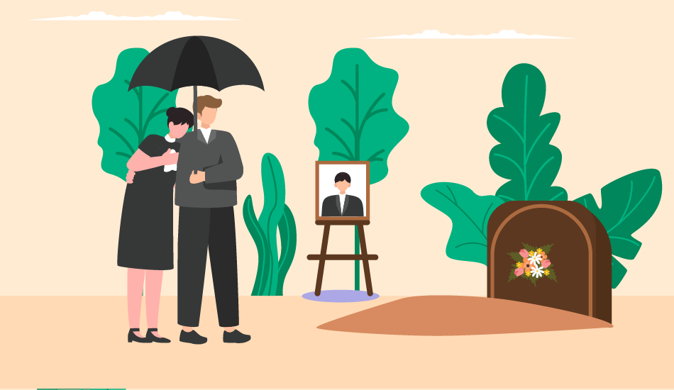 Illustration of a couple mourning at a graveside with a framed photo, flowers, and trees in the background, symbolizing sympathy and loss.