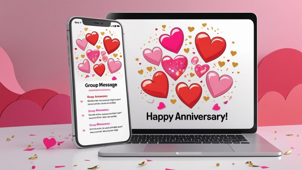 Digital anniversary ecard displayed on a phone and laptop, featuring colorful hearts and a 'Happy Anniversary' message, with festive pink and gold background.