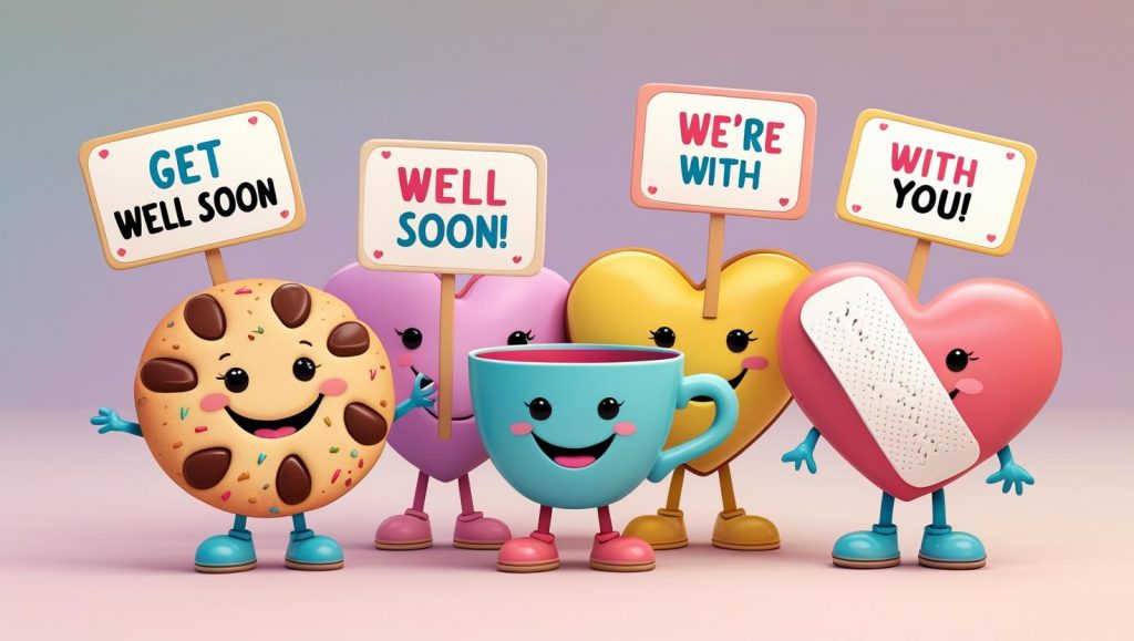 Cartoon characters holding supportive signs saying "Get Well Soon" and “We’re with you”